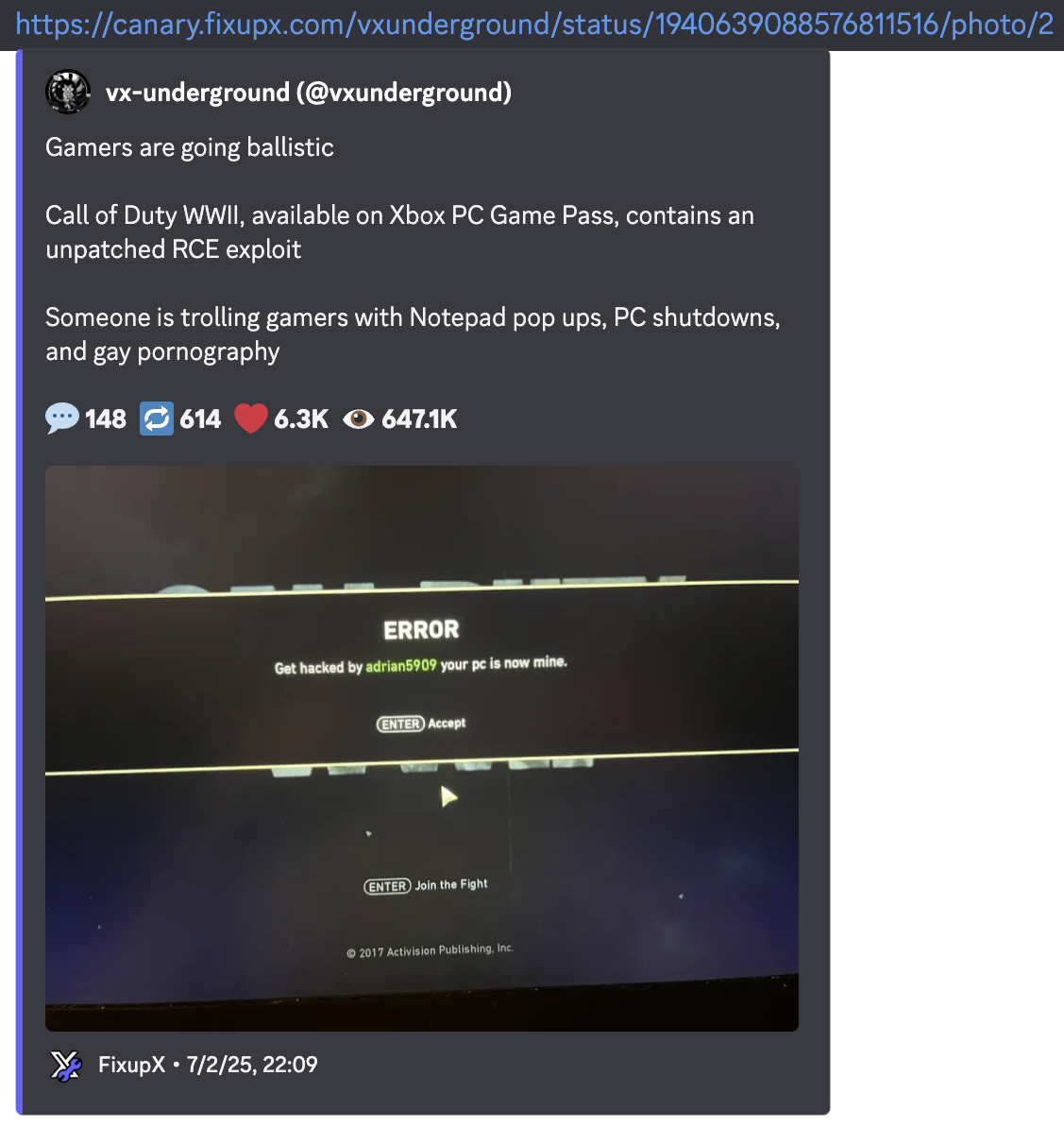 Discord embed showing a specific photo or video from a post